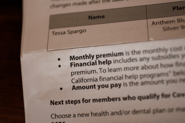 Pictured is a letter from Covered California, the state's Affordable Care Act marketplace, informing Spargo of the cost increase. Her monthly premium will rise in 2026, after the expiration of tax credits that have helped millions of Americans afford health care since 2021. (Dai Sugano/Bay Area News Group)