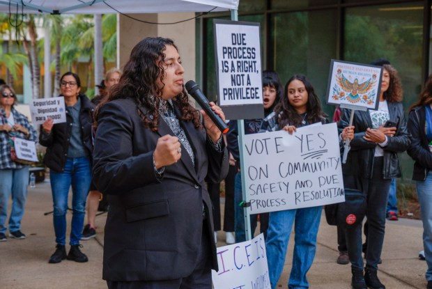Vista, CA - Vista City Councilwoman Corinna Contreras speaks at a community rally at Vista City Hall before the Vista City Council votes on the Community Safety and Due Process Resolution. The rally was in support of the resolution. The resolution was originally introduced by her. (Charlie Neuman / For The San Diego Union-Tribune