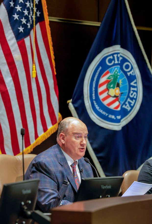 Vista, CA - At the Vista City Council meeting Mayor John Franklin speaks prior to Council vote on the Community Safety and Due Process Resolution. Prior to the meeting there was a community rally in support of the resolution. (Charlie Neuman / For The San Diego Union-Tribune
