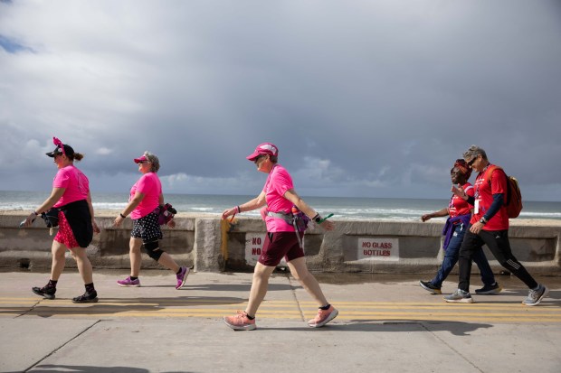 Walkers participate in the final day of the Susan G. Komen 3 Day Walk in San Diego on Sunday, Nov. 16, 2025. (Zoë Meyers / For The San Diego Union-Tribune)