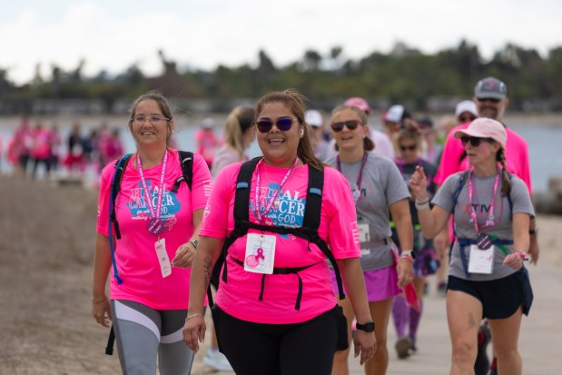 Walkers participate in the final day of the Susan G. Komen 3 Day Walk in San Diego on Sunday, Nov. 16, 2025. (Zoë Meyers / For The San Diego Union-Tribune)