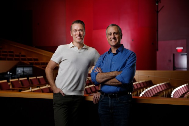 Stephen Brotebeck, Director of the School of Theatre, Television, and Film at San Diego State University, and Robert Meffe, professor and Head of MFA Musical Theatre Program College of Professional Studies and Fine Arts School of Theatre, Television, and Film are shown in the school's Main Stage Theatre on November 19, 2025 in San Diego, CA. (K.C. Alfred / The San Diego Union-Tribune)