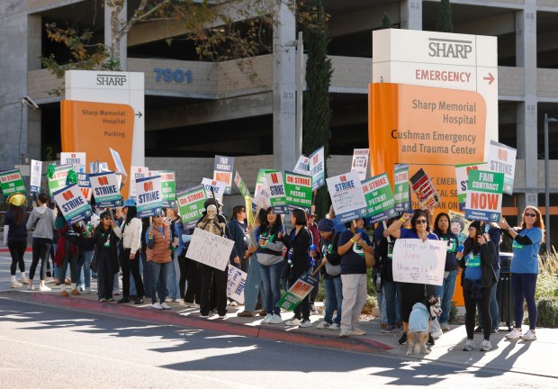 San Diego, CA - November 26: Over 5,700 Sharp Health Care nurses started a three-day strike on November 26, 2025 in San Diego, CA. Here, nurses picket outside of Sharp Memorial Hospital. (K.C. Alfred / The San Diego Union-Tribune)