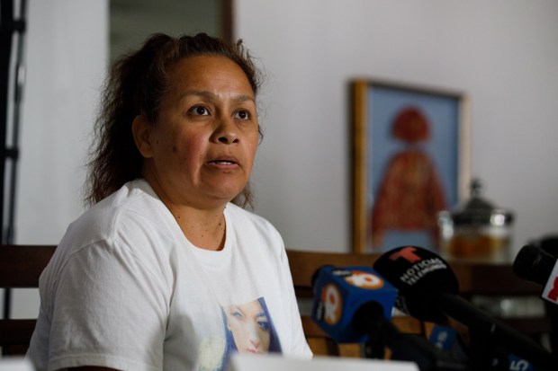 Paloma Serna speaks during a press conference on a $15 million settlement in connection to the death of her daughter, Elisa Serna, in downtown San Diego on Tuesday, July 2, 2024. Elisa Serna, 24, died in 2019 when she was left unattended after collapsing in jail. (Kristian Carreon / The San Diego Union-Tribune)