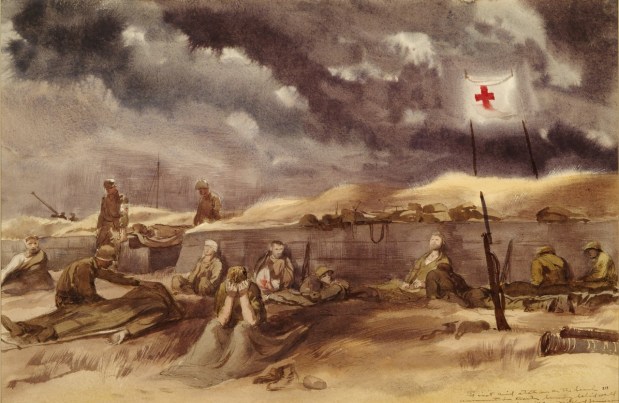 "First Aid Station on the Beach" by Mitchell Jamieson (watercolor on paper; 1944) is a part of the "From the Front Lines to Coronado's Backyard: 250 Years of Military Service," which opened Nov. 1 and is on display through Feb. 15 at the Coronado Museum. (Naval History and Heritage Command)