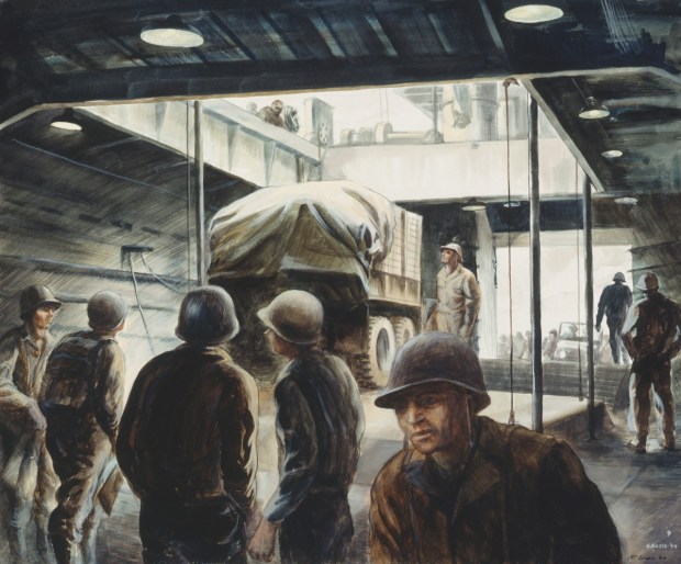 "Loading LST on D-Day" by Alexander P. Russo (gouache on board; 1944) is a part of the "From the Front Lines to Coronado's Backyard: 250 Years of Military Service," which opened Nov. 1 and is on display through Feb. 15 at the Coronado Museum. (Naval History and Heritage Command)