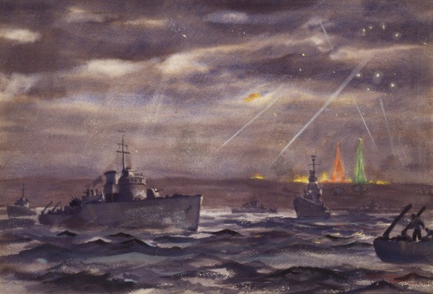 "Under the Enemy's Nose" by Dwight C. Shepler (watercolor on paper; 1944) is a part of the "From the Front Lines to Coronado's Backyard: 250 Years of Military Service," which opened Nov. 1 and is on display through Feb. 15 at the Coronado Museum. (Naval History and Heritage Command)
