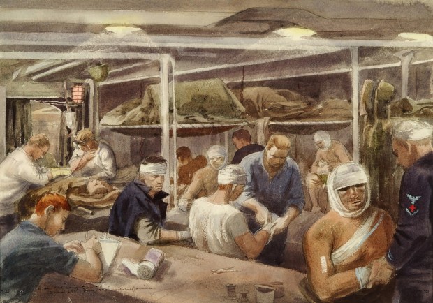 "Wounded Being Treated Aboard LST" by Mitchell Jamieson (watercolor on paper, 1944) is one of the works in "From the Front Lines to Coronado's Backyard: 250 Years of Military Service," which opens at the Coronado Historical Association's museum on Nov. 1, 2025. (Naval History and Heritage Command)