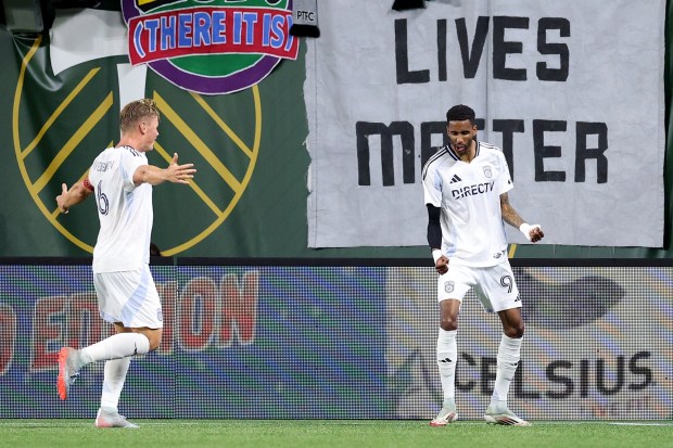 Amahl Pellegrino #90 of San Diego FC celebrates his goal during the 2025 MLS Cup Playoff match between San Diego FC and Portland Timbers at Providence Park on Nov. 01, 2025 in Portland, Oregon.  (Photo by Steph Chambers/Getty Images)