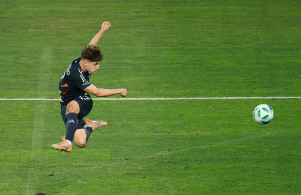 San Diego, CA - November 24: Luca Bombino #27 of San Diego FC takes a shot on goal against Minnesota United during the Western Conference Semifinals of the 2025 MLS Cup Playoffs at Snapdragon Stadium on November 24, 2025 in San Diego, CA. (K.C. Alfred / The San Diego Union-Tribune)