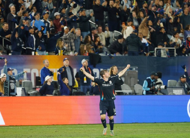San Diego, CA - November 24: Anders Dreyer #10 of San Diego FC celebrates as time expires in a 1-0 win against Minnesota United in the Western Conference Semifinals of the 2025 MLS Cup Playoffs at Snapdragon Stadium on November 24, 2025 in San Diego, CA. (K.C. Alfred / The San Diego Union-Tribune)
