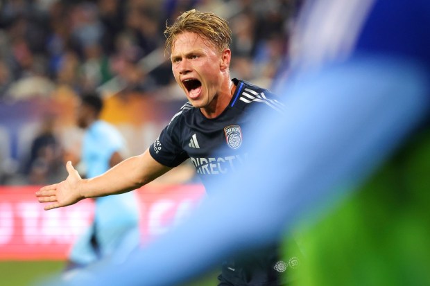 Jeppe Tverskov #6 of San Diego FC reacts after a call in favor of Minnesota United during the 2025 MLS Cup Playoffs: Conference Semifinals at Snapdragon Stadium on Monday, Nov. 24, 2025 in San Diego, California. (Meg McLaughlin / The San Diego Union-Tribune)