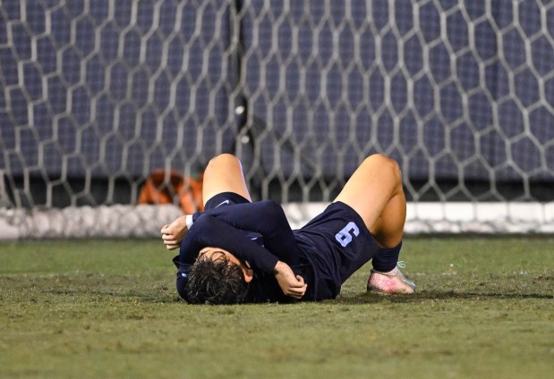 San Diego's Steven Ramirez (9) lies on the field after San Diego lost to Grand Canyon in the second round of the NCAA men's soccer tournament, Nov. 23, 2025 in San Diego, Calif. (Photo by Denis Poroy)