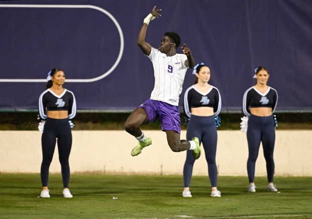 Grand Canyon's Junior Diouf (9) celebrates after scoring during the second half against San Diego in the second round of the NCAA men's soccer tournament, Nov. 23, 2025 in San Diego, Calif. (Photo by Denis Poroy)