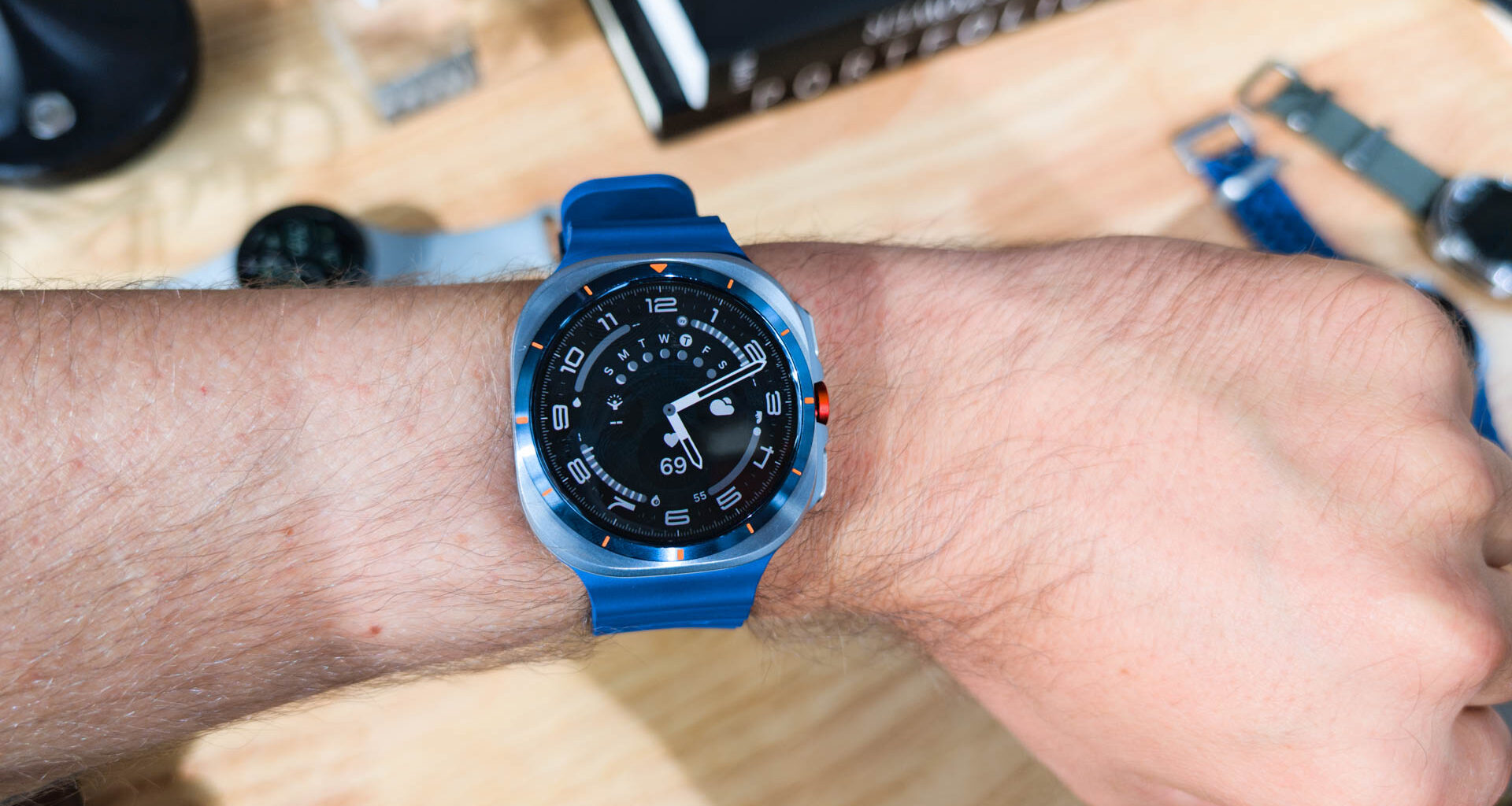 Samsung Galaxy Watch Ultra 2025 Titanium Blue on Wrist showing pilot face