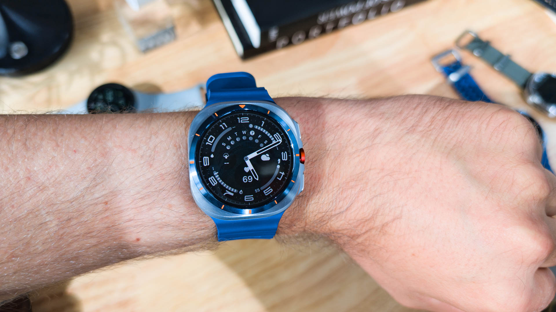 Samsung Galaxy Watch Ultra 2025 Titanium Blue on Wrist showing pilot face