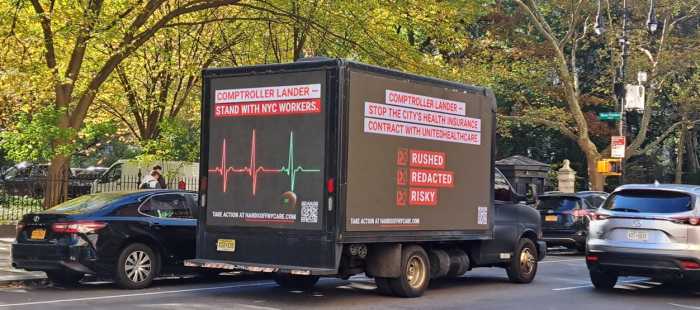 HandsOffNYCare hired an LED truck to circle the Comptroller’s office all week as he decides whether to certify or reject the contract