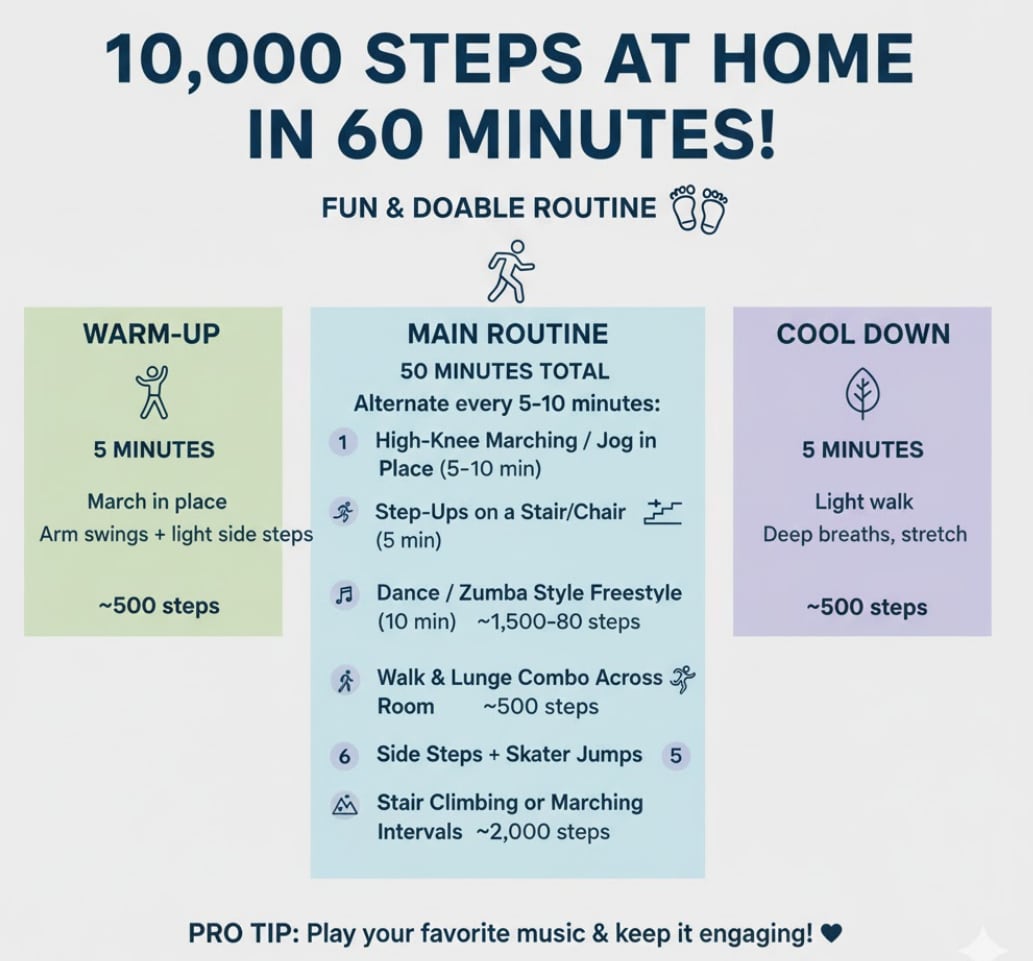 To achieve 10,000 steps in one hour at home, Reet Kaur suggests alternating exercises such as step-ups and dance.(Google Gemini)