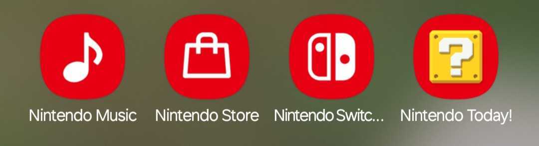 Screenshot featuring four Nintendo app buttons for Nintendo Music, Nintendo Store, Nintendo Switch, and Nintendo Today!