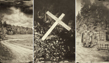 A sepia-toned triptych: a winding dirt road through a forest, a wooden cross grave marker, and an overturned car beside a trailer in a wooded area, evoking a somber, vintage atmosphere.