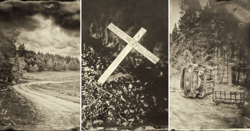 A sepia-toned triptych: a winding dirt road through a forest, a wooden cross grave marker, and an overturned car beside a trailer in a wooded area, evoking a somber, vintage atmosphere.