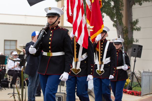 Members of the Redondo Union High School Marine Corps JROTC...