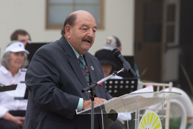 Hermosa Beach Mayor Rob Saemann gives a speech during a...