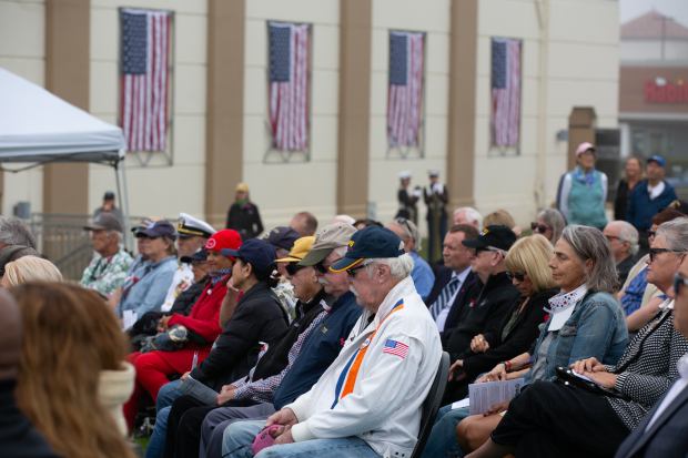 Rows of veterans, family members and local residents listen to...