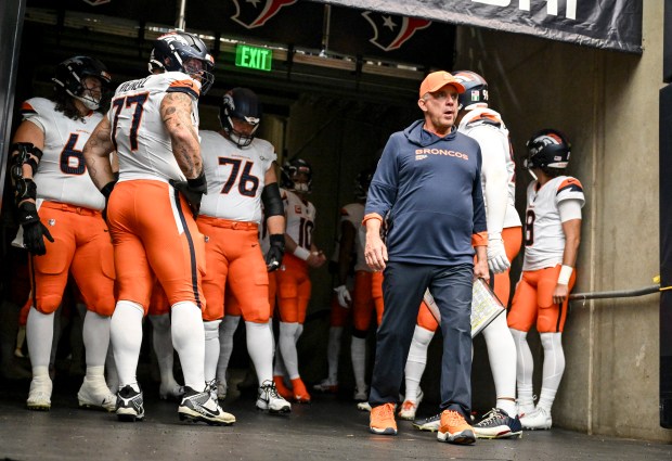 Head coach Sean Payton of the Denver Broncos prepares to take the field before the game against the Houston Texans at NRG Stadium in Houston, Texas on Sunday, Nov. 2, 2025. (Photo by AAron Ontiveroz/The Denver Post)