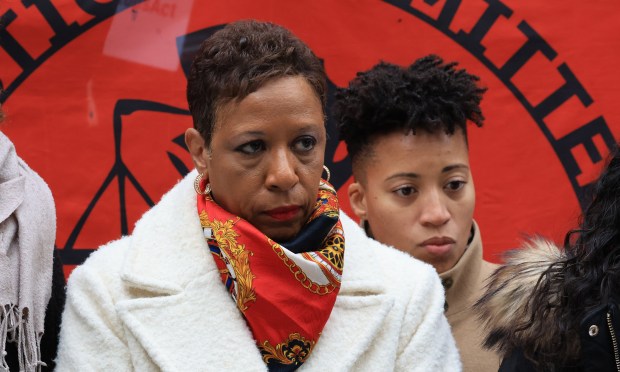 Outgoing City Council Speaker Adrienne Adams (left) and Council Member Crystal Hudson attend a rally outside City Hall in 2024.