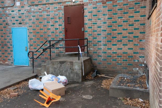 The body of an infant boy was discovered under a pile of leaves behind 1580 E. 102nd St. in NYCHA's Bay View Houses in Brooklyn, New York on Thursday, Nov. 20, 2025. (Gardiner Anderson / New York Daily News)