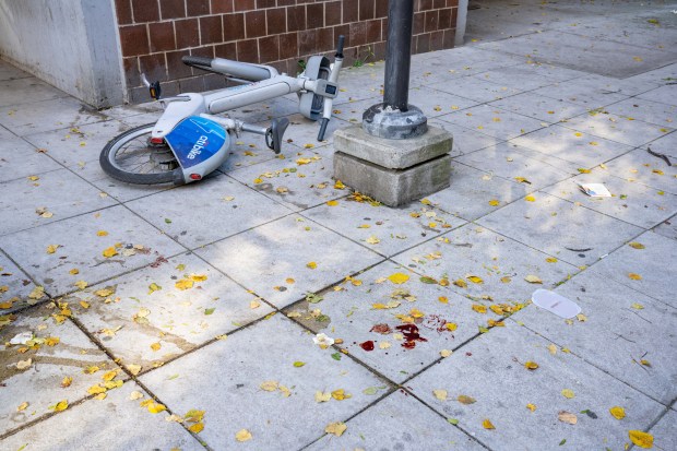 Blood is pictured on the ground after Kimberly Olmos was fatally shot in the head inside NYCHA's Harborview Terrace complex on W. 56th St. in Manhattan early Sunday. (Theodore Parisienne / New York Daily News)