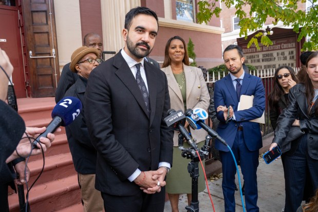 New York Attorney General Letitia James and Mayoral front runner Candidate Zohran Mamdani attend the Seventh Day Adventist Church on Hanson Place in Brooklyn on Saturday Nov. 1, 2025. 1120. (Theodore Parisienne / New York Daily News)
