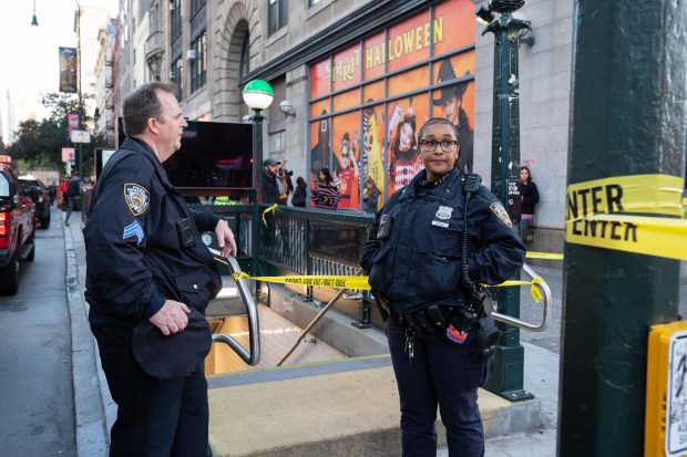 Law enforcement officers are pictured after a suspicious package call at 6th Ave. and 14th St. in Manhattan on Monday, Nov. 3, 2025. (Barry Williams/ New York Daily News)