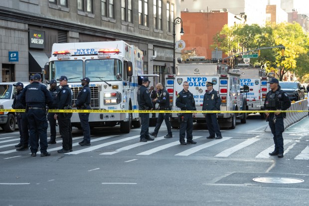 Law enforcement officers are pictured after a suspicious package call at 6th Ave. and 14th St. in Manhattan on Monday, Nov. 3, 2025. (Barry Williams/ New York Daily News)