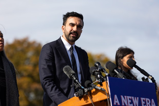 New York City Mayor-elect Zohran Mamdani announces the members of his transition team in front of the Unisphere in Flushing Meadows Corona Park in Queens on Wednesday, Nov. 5, 2025. (Shawn Inglima/ New York Daily News)