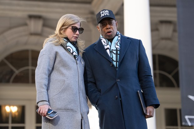 Mayor Eric Adams and NYPD Commissioner Jessica Tisch talk before a ceremony at New York City Hall celebrating Gotham FC's 2025 Championship season Monday, Nov. 24, 2025 in Manhattan, New York. (Barry Williams/ New York Daily News)
