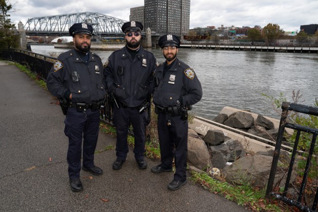 NYPD officers (L-R) Shuaibul Amine, Wilmer Guerrero, and Ankit Gupta.