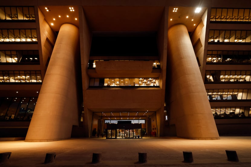 An exterior view of Dallas City Hall lobby entrance in downtown Dallas, November 4, 2025.