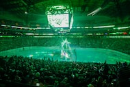Fans watch as the Dallas Stars logo is lowered to the ice before the first period of the...