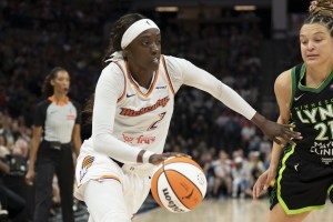 Sep 21, 2025; Minneapolis, Minnesota, USA; Phoenix Mercury guard Kahleah Copper (2) dribbles the ball against the Minnesota Lynx in the second half during game one of the second round for the 2025 WNBA Playoffs at Target Center. Mandatory Credit: Jesse Johnson-Imagn Images