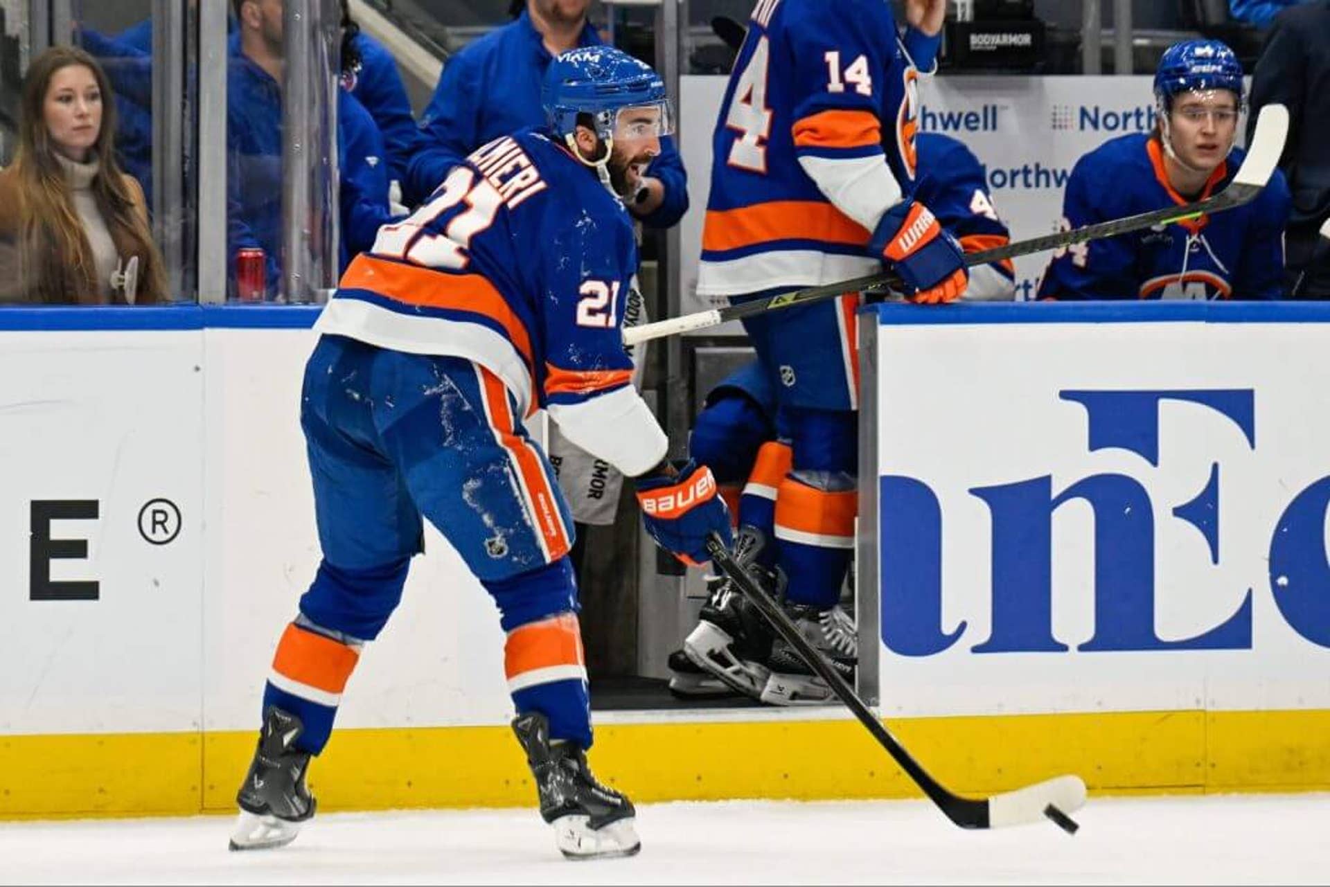 New York Islanders center Kyle Palmieri makes a pass after being injured against the Philadelphia Flyers during the second period at UBS Arena.