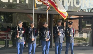 The San Diego High School Army Junior Reserve Officers’ Training Corps stands at attention before their show of colors, Thursday, Nov. 6, 2025. Photo by Connor Jewett/City Times Media
