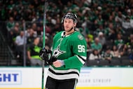 Dallas Stars' Mikko Rantanen prepares for a face-off during an NHL hockey game against the...