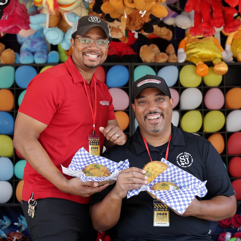 Brent Reaves (left) and Juan Reaves pose for a photograph with the new deep fried deli taco...