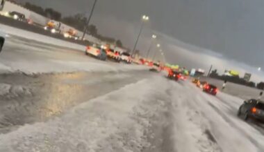 Valley freeway covered in fallen hail as rain, storms move across metro Phoenix thunderstorm warnin...