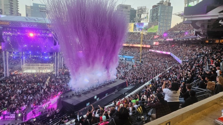 A stadium filled with spectators and a purple pyrotechnic display during a live event.