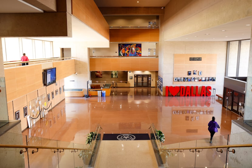 An interior view from the 2nd floor of the Dallas City Hall front lobby, November 4, 2025.
