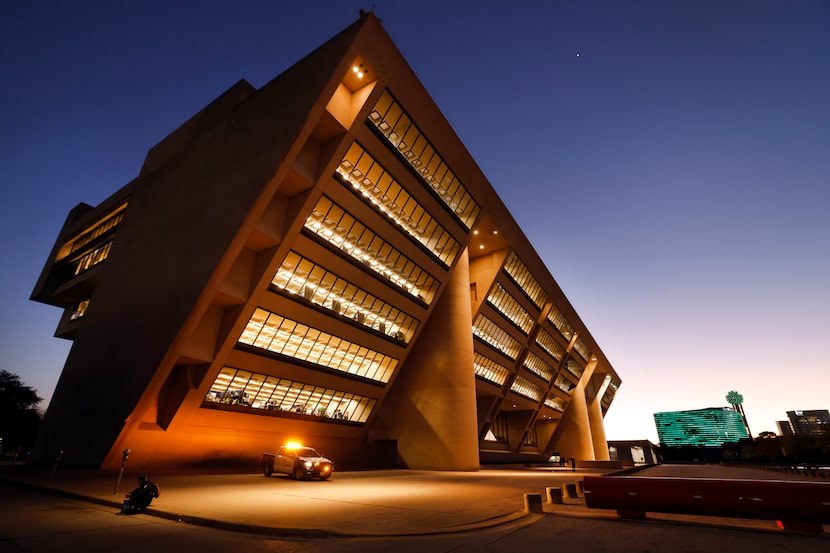 An exterior view of Dallas City Hall at sunset in downtown Dallas, November 4, 2025.