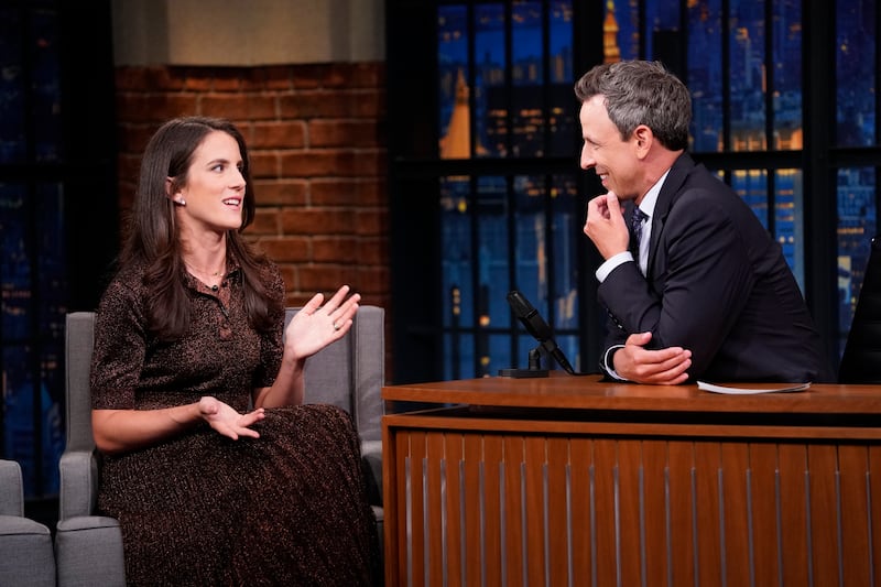 LATE NIGHT WITH SETH MEYERS -- Episode 876 -- Pictured: (l-r) Author Tatiana Schlossberg during an interview with host Seth Meyers on September 3, 2019 -- (Photo by: Lloyd Bishop/NBCU Photo Bank/NBCUniversal via Getty Images via Getty Images)